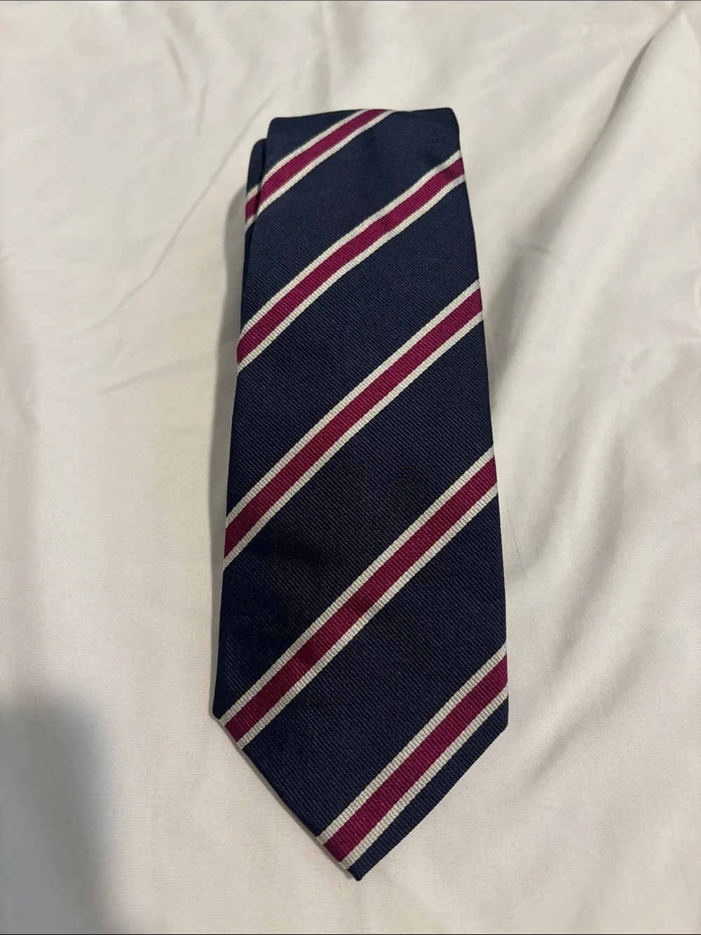 Navy Striped Men's Tie with Burgundy and White Accent